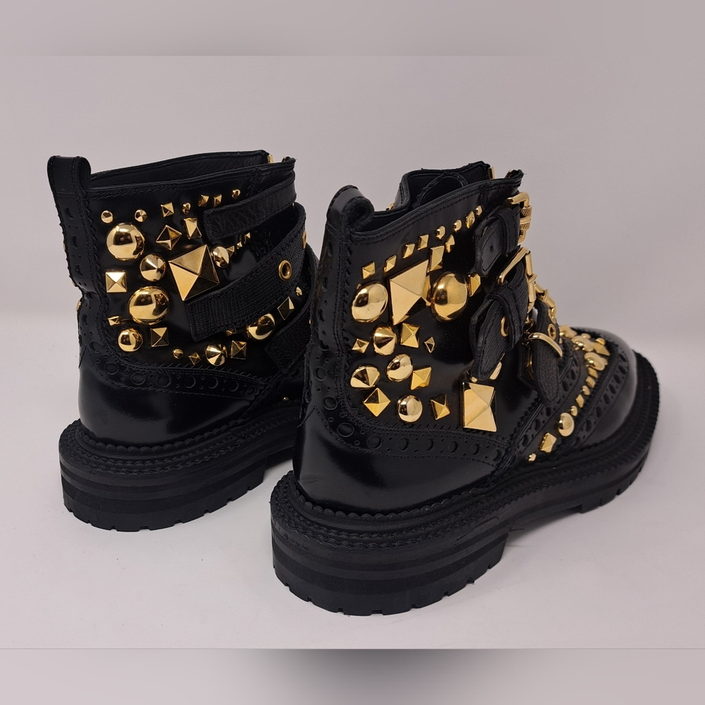 Burberry Everdon Leather Biker Boots Combat Ankle Buckle Gold Studs 10 US 40 EU - Picture 5 of 12